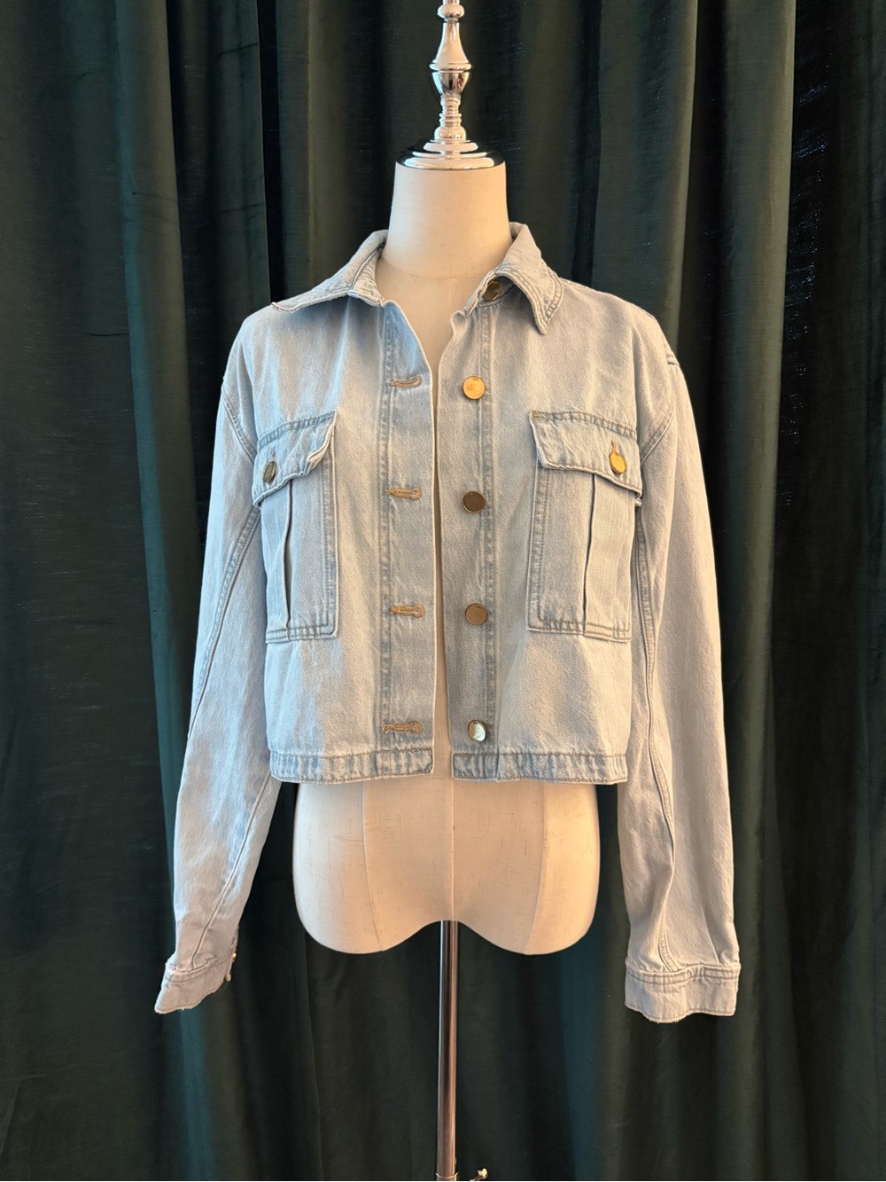 Zara Light Blue Cropped Denim Jacket with Brass Buttons